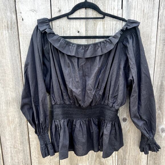 Adam Lippes | Smocked Off The Shoulder Cotton Blouse Black Size 12 Large - Picture 7 of 9